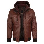 Men's Cognac Brown Leather Bomber Jacket with Removable Hood - Image 6