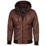 Men's Cognac Brown Leather Bomber Jacket with Removable Hood